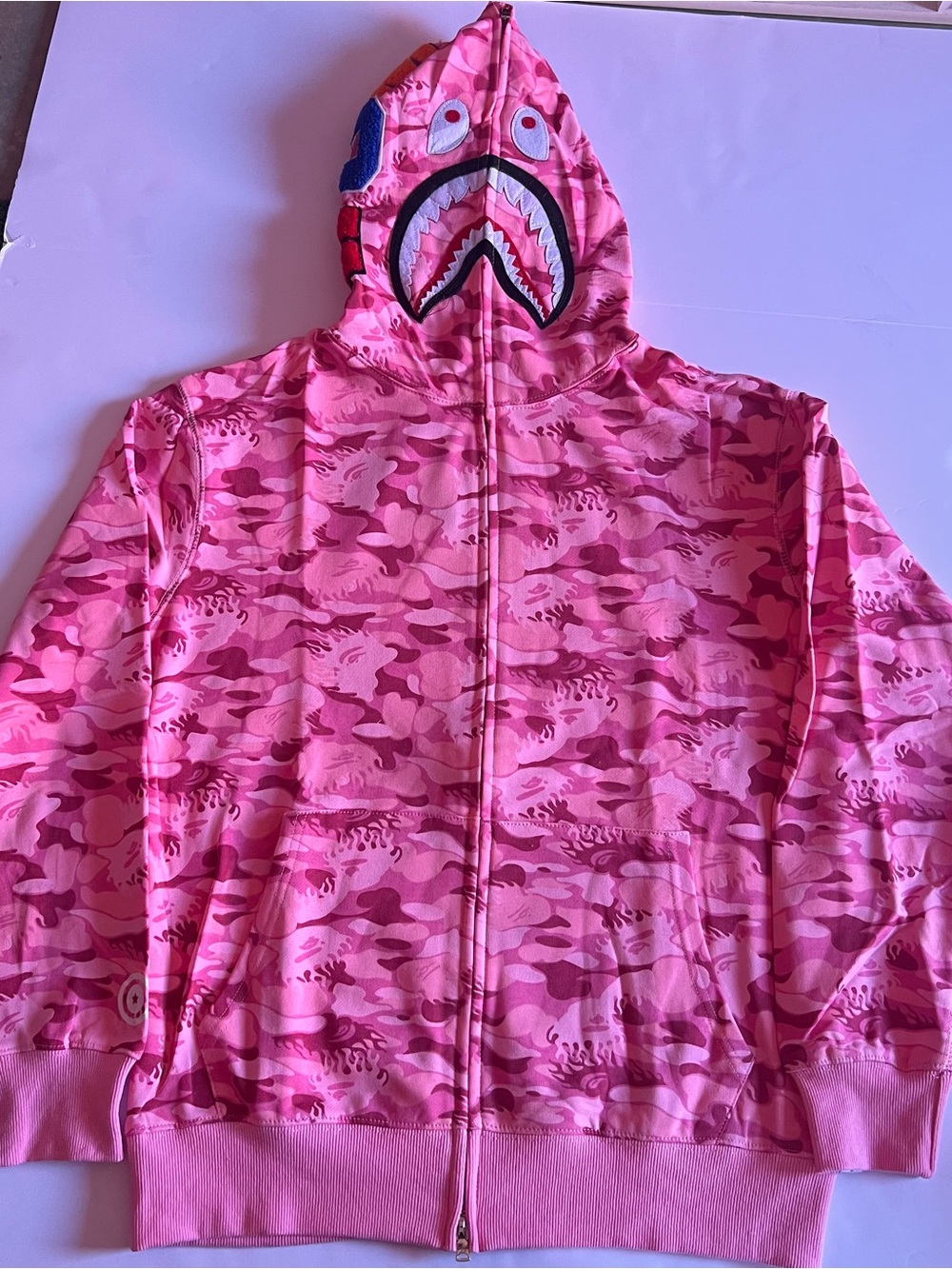 Bape Pink Camo Zip Hoodie with Shark Mask Hood